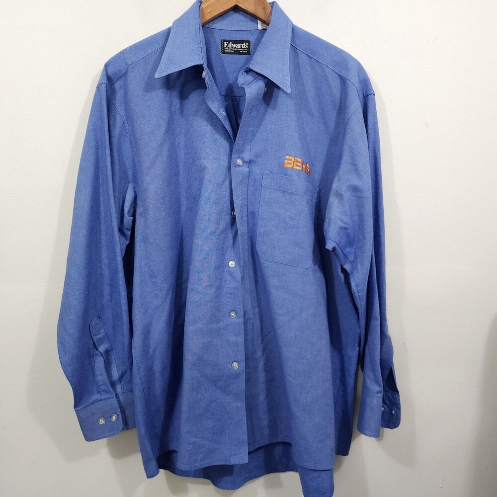 Edwards Garment Behr Paint Logo Button Front Shirt Long Sleeve Blue Pocket Men L